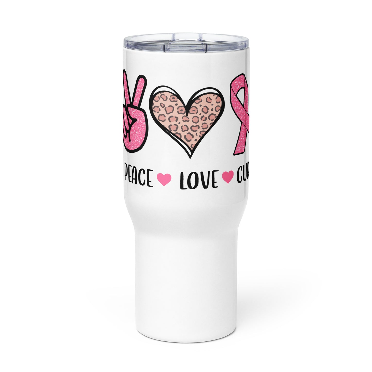 PEACE LOVE CURE - Cancer Support Travel mug with a handle