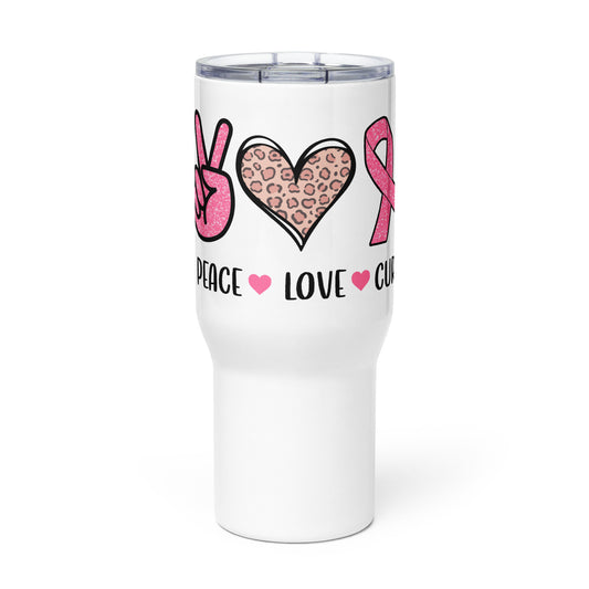 PEACE LOVE CURE - Cancer Support Travel mug with a handle