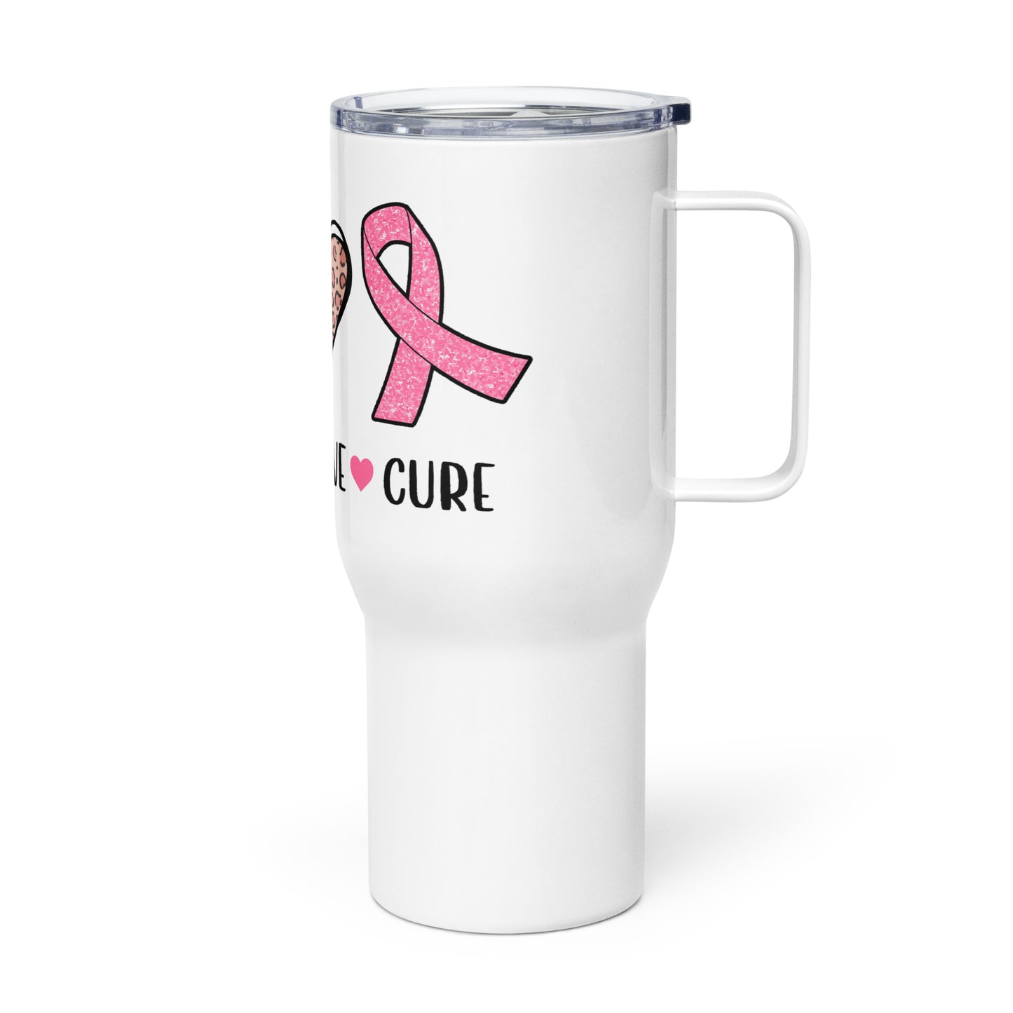 PEACE LOVE CURE - Cancer Support Travel mug with a handle