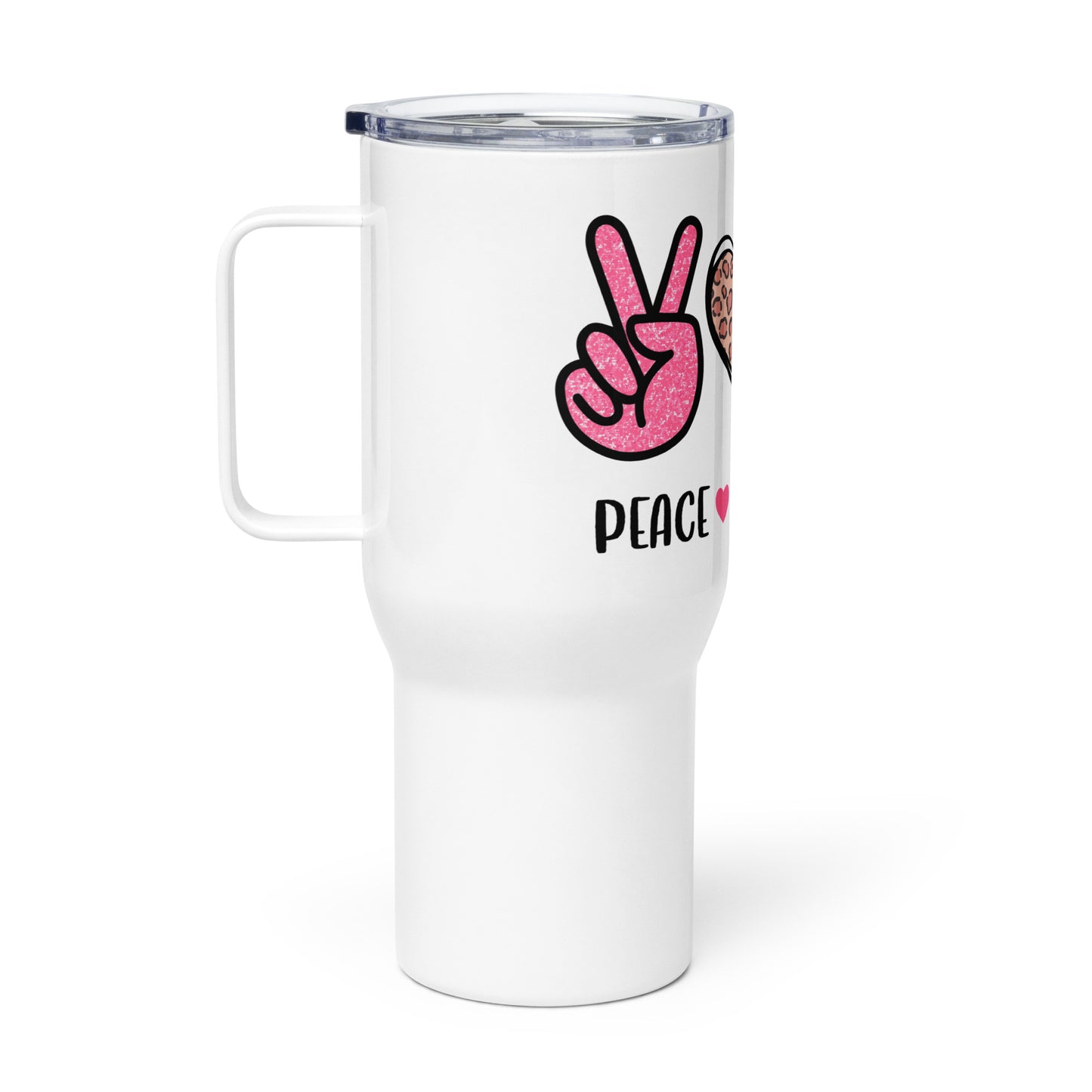 PEACE LOVE CURE - Cancer Support Travel mug with a handle